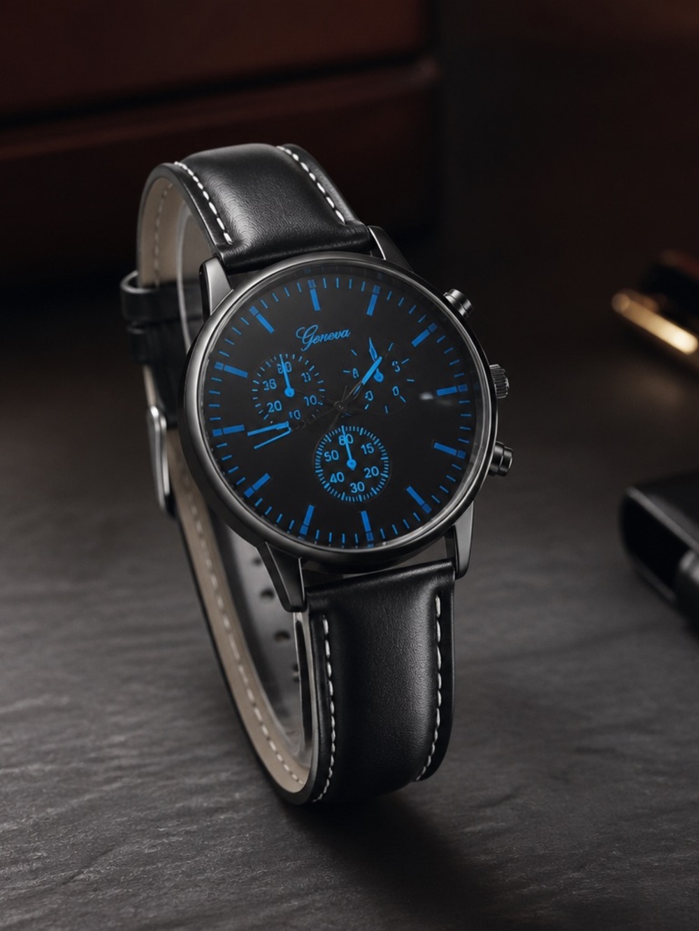 Geneva Men’s Luxury Black Leather Band Black/Blue Case Elegant 44mm Timepiece